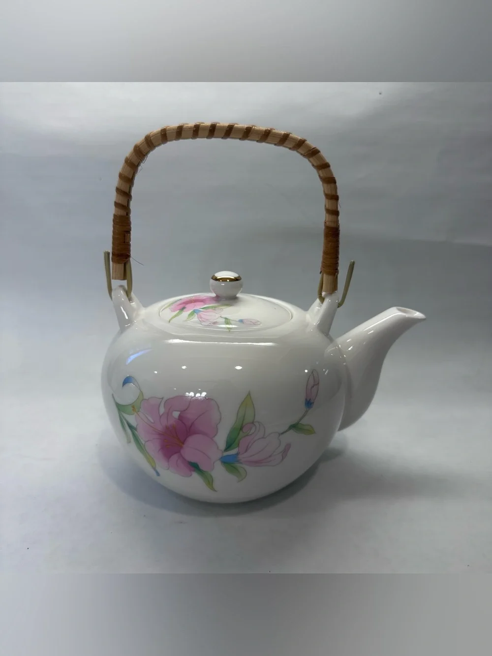 Vintage Price Products Teapot Floral Bamboo Handle Japan Hidden Chip on Rim